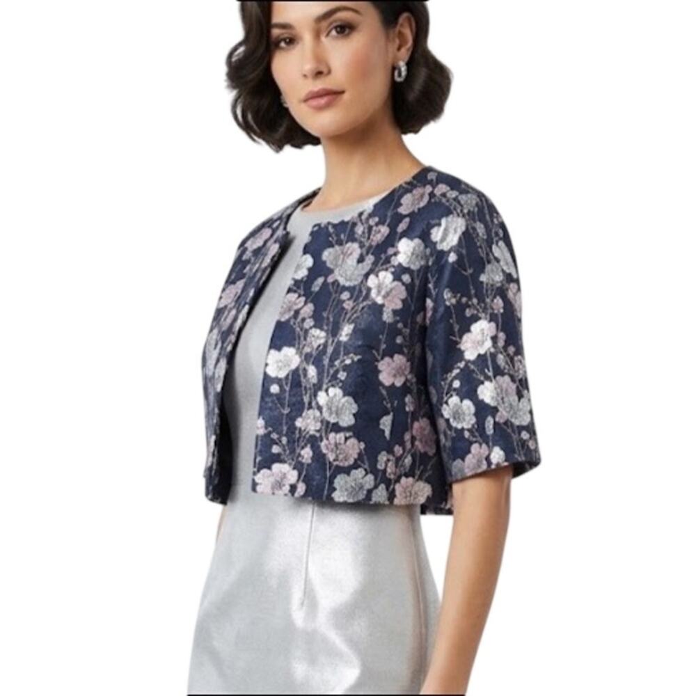 Abbey Glass Navy Blue Floral Jacquard Cropped Blazer Jacket Size Medium